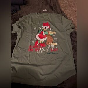 Disney Olive Green Daisy Duck Holiday Graphic Tee with Red and White Accents